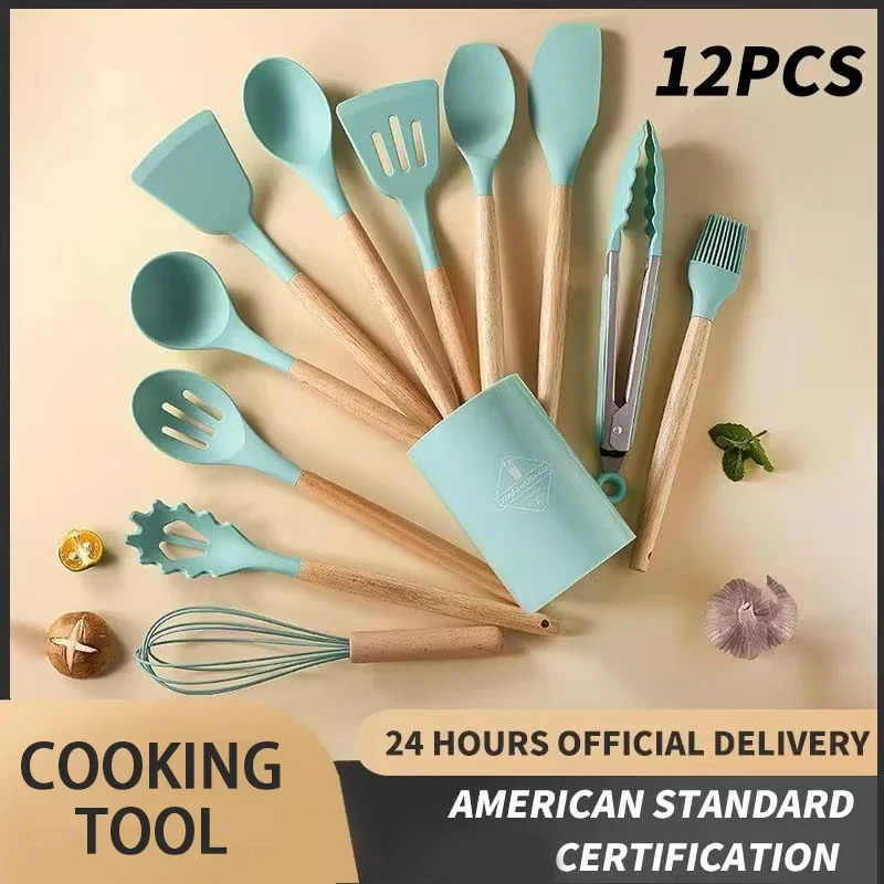 12 조각 세트 나무 손잡이 실리콘 주방기구 실리콘 주 - Kitchen Baking Pan Storage 리뷰 및 가격