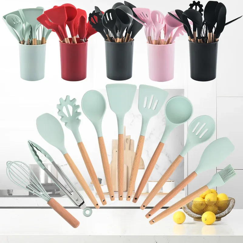 12 조각 세트 나무 손잡이 실리콘 주방기구 실리콘 주 - Kitchen Baking Pan Storage 리뷰 및 가격